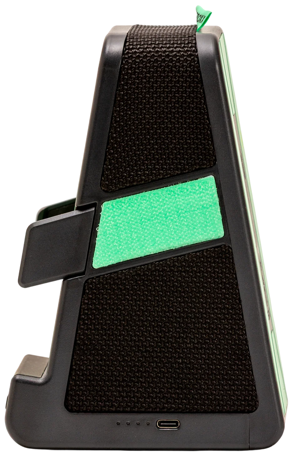 TeeBoxx speaker tilted, with sound rings around it