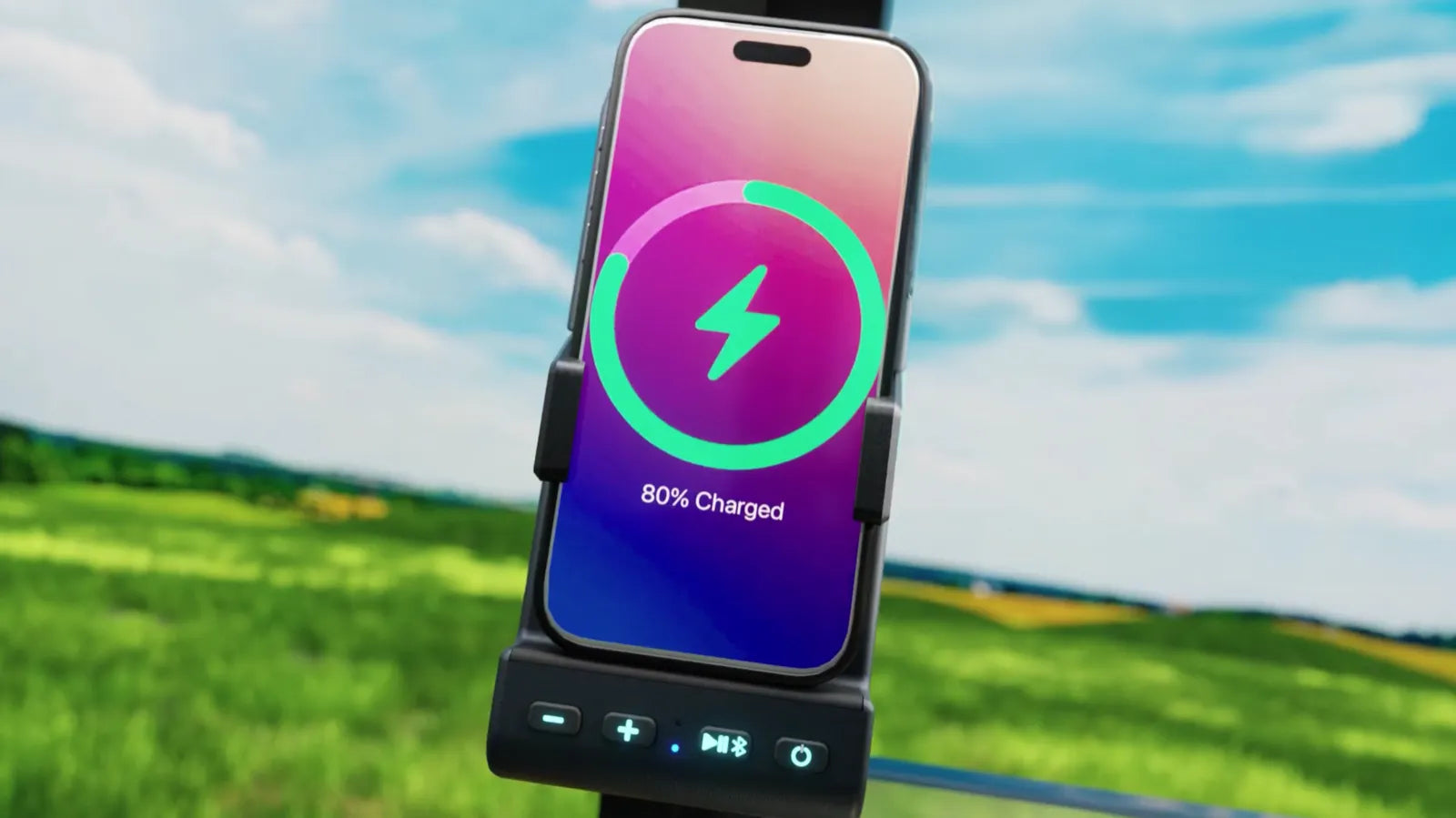 Phone charging wirelessly on a TeeBoxx at 80 percent